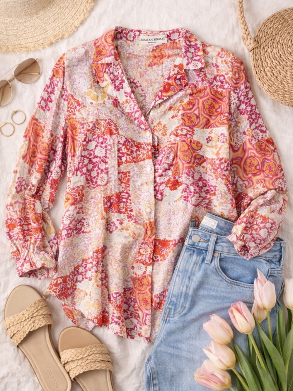 CHRISTIAN SIRIANO | Patchwork Floral Blouse Pink Orange Rayon Boho Button Front - Picture 2 of 6